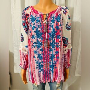 Pretty John Mark size M white pink blue floral embroidered tassel tie neck shirt
